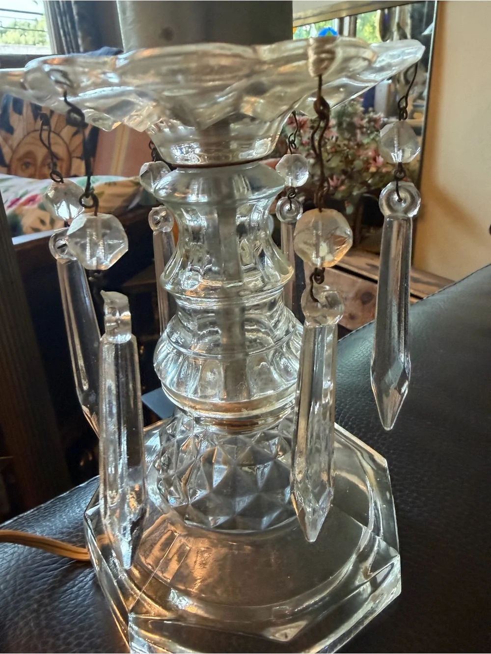 Antique Crystal Hurricane Table Lamps with Etched Shades & Crystal Prisms